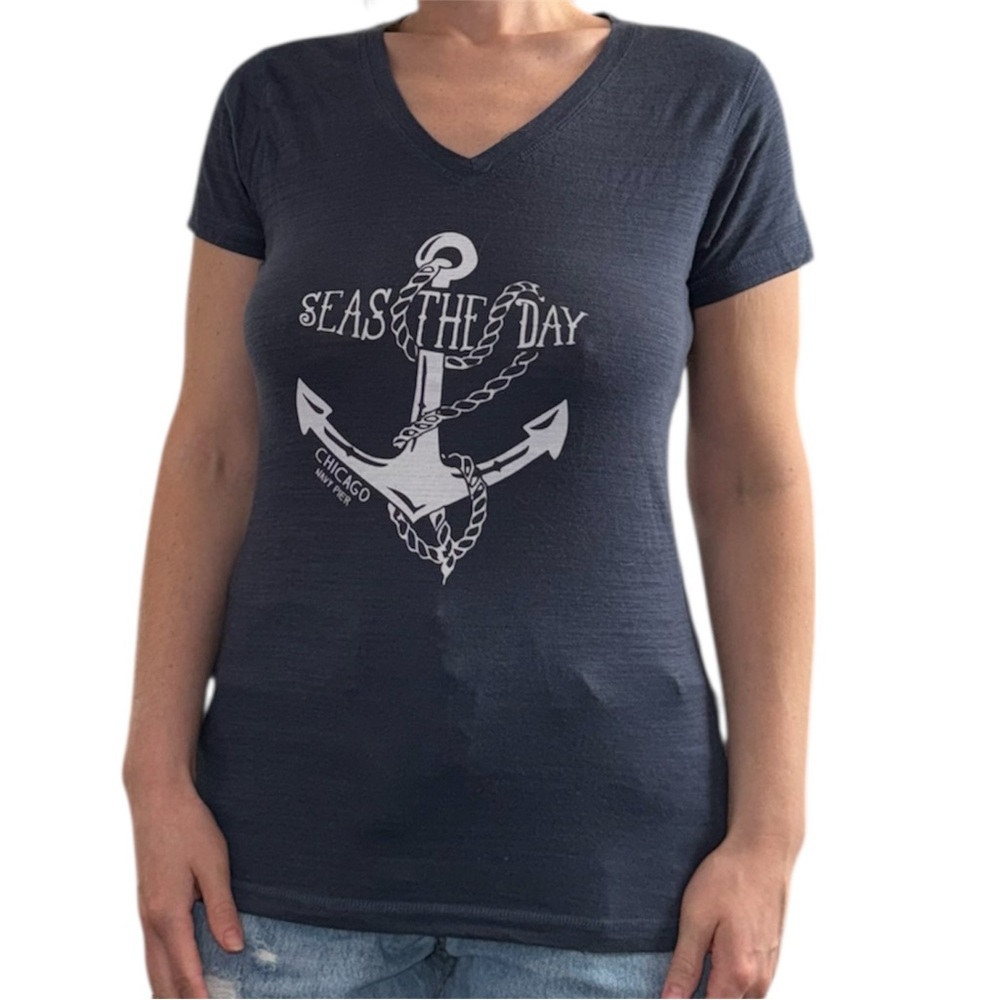 Sea The Day Anchor Graphic V-Neck Tee - Navy